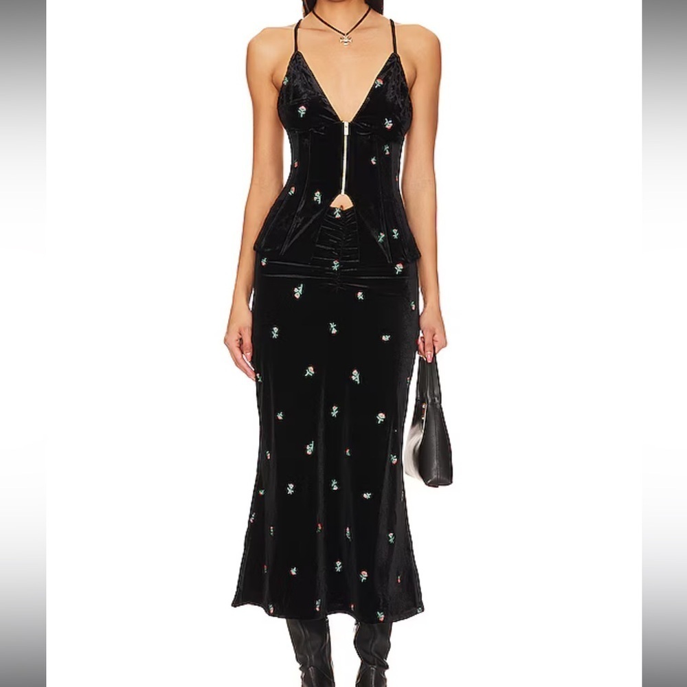 WeWoreWhat Embroider Velvet Peplum Corset Ruched Skirt Set NWT 0 XS